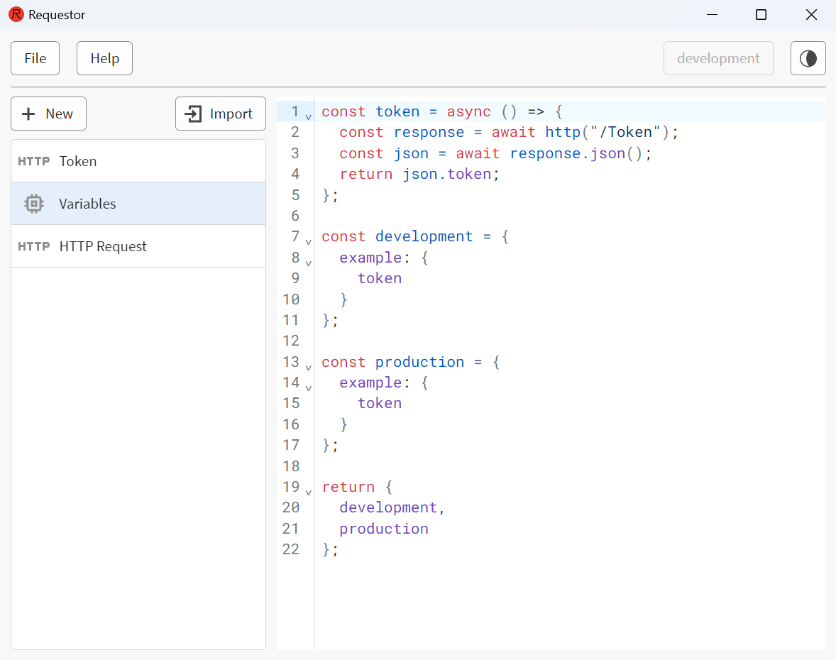 Environment variables to set the token on development and production environments